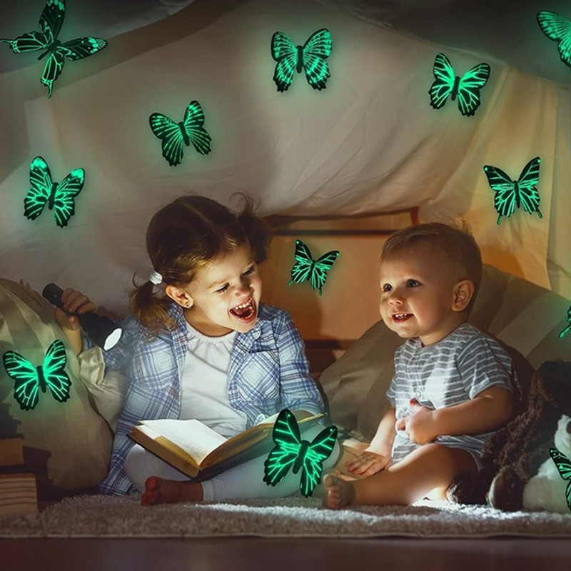 Set 12 fluturi decorativi 3d, fosforescenti, autoadezivi, 6-12 cm, multicolori MultiMark GlobalProd