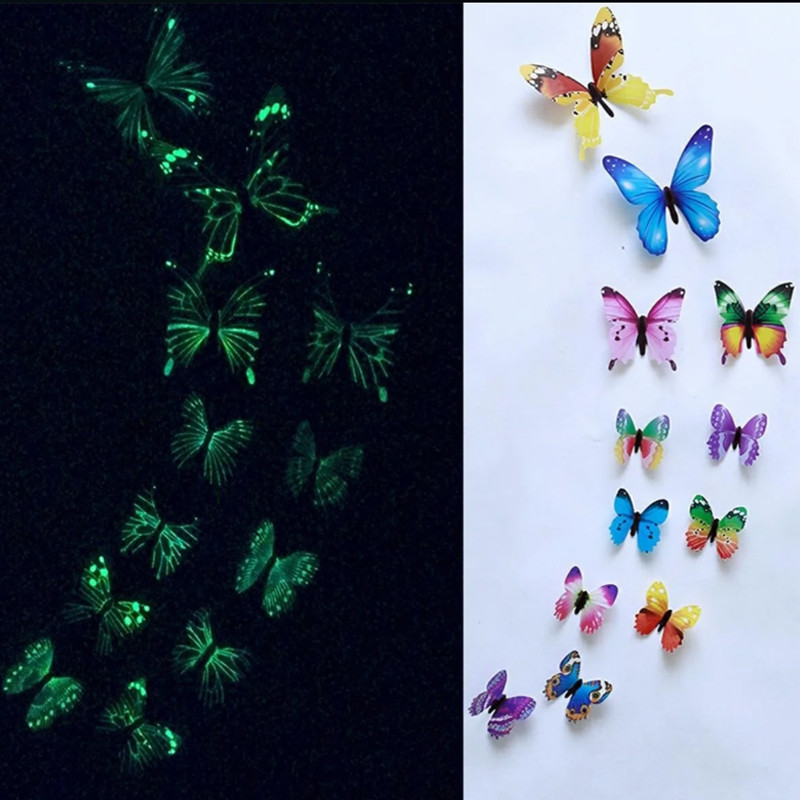 Set 12 fluturi decorativi 3d, fosforescenti, autoadezivi, 6-12 cm, multicolori MultiMark GlobalProd