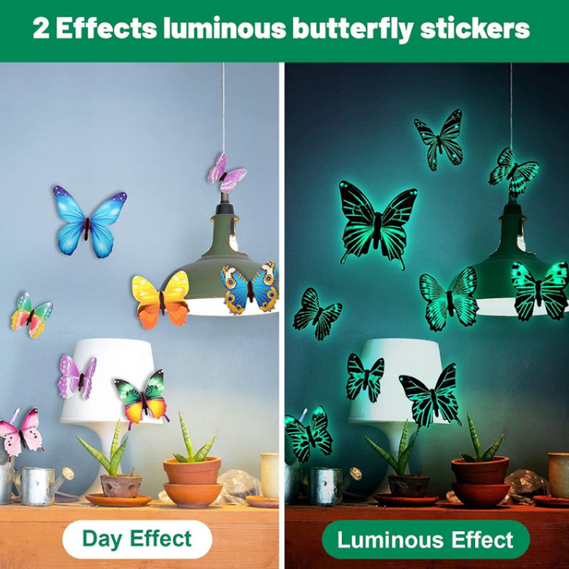 Set 12 fluturi decorativi 3d, fosforescenti, autoadezivi, 6-12 cm, multicolori MultiMark GlobalProd