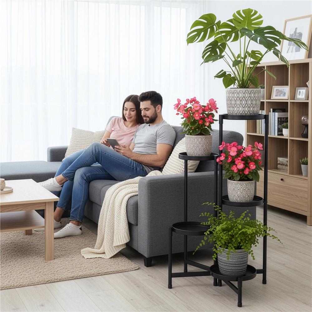 Suport metalic pentru flori cu 5 niveluri, structura pliabila, 48x48x79 cm, negru Household NewTrend