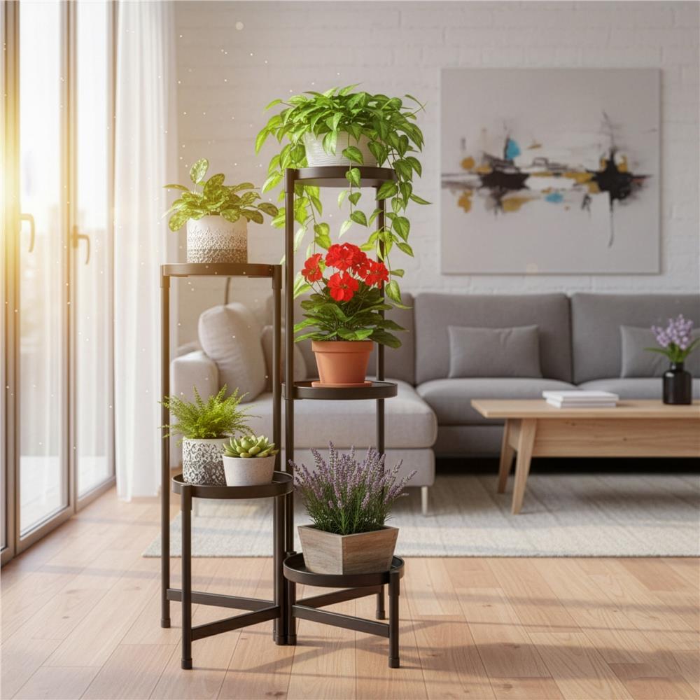 Suport metalic pentru flori cu 5 niveluri, structura pliabila, 48x48x79 cm, negru Household NewTrend