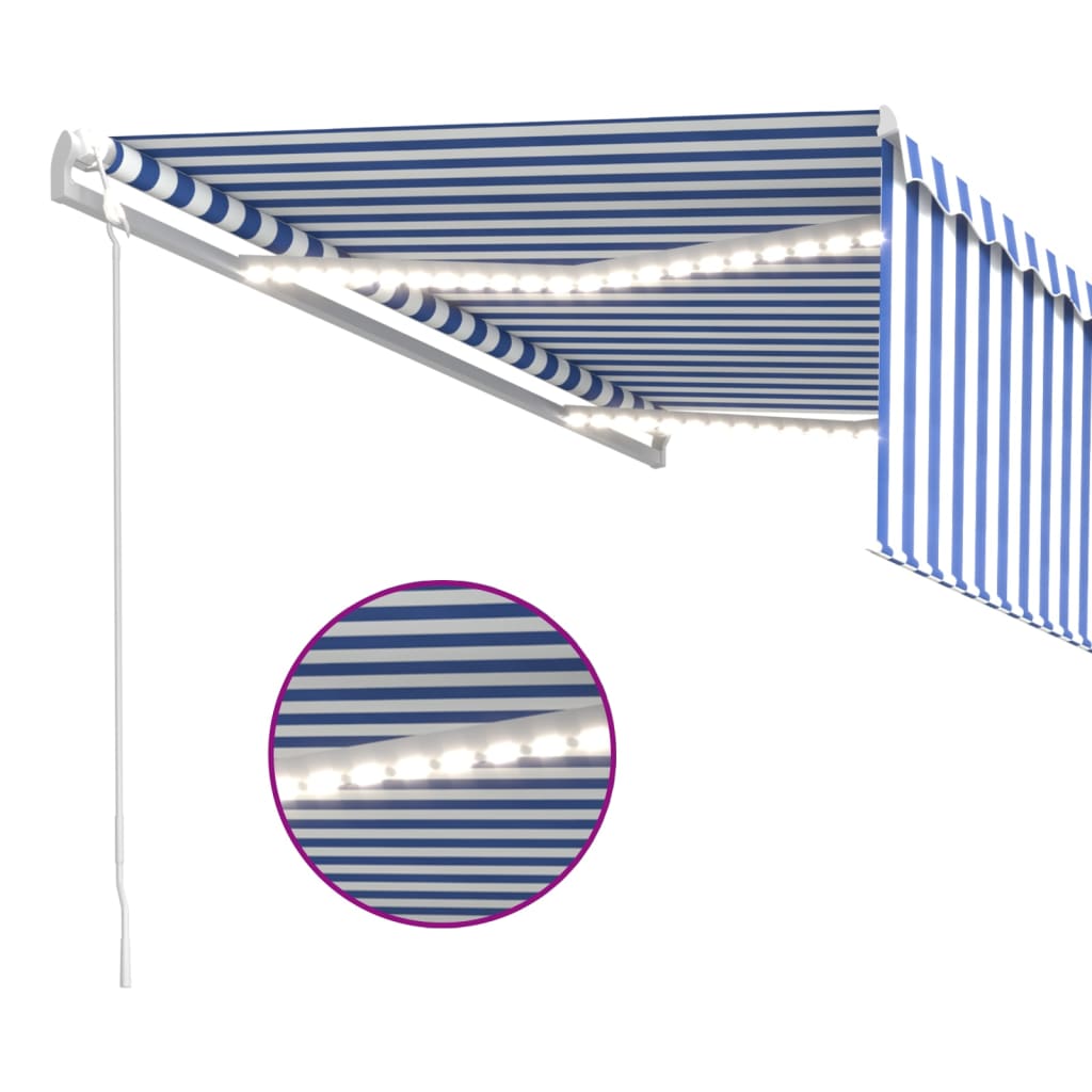 Copertină automată cu stor&senzor vânt&LED, albastru&alb, 4x3 m GartenMobel Dekor
