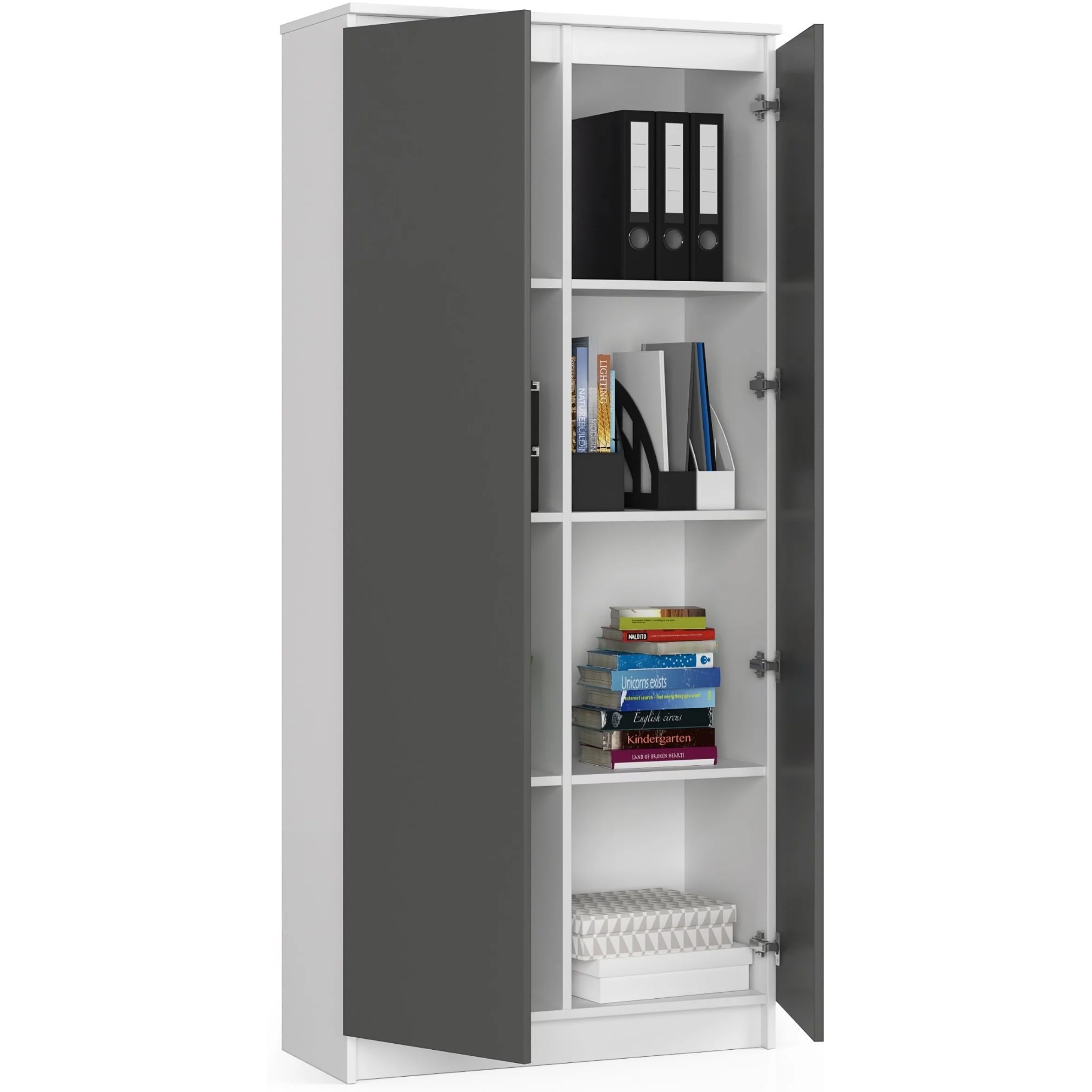 Dulap cu 8 etajere, PAL laminat 16 mm, 80x35x180 cm, alb si grafit Household NewTrend