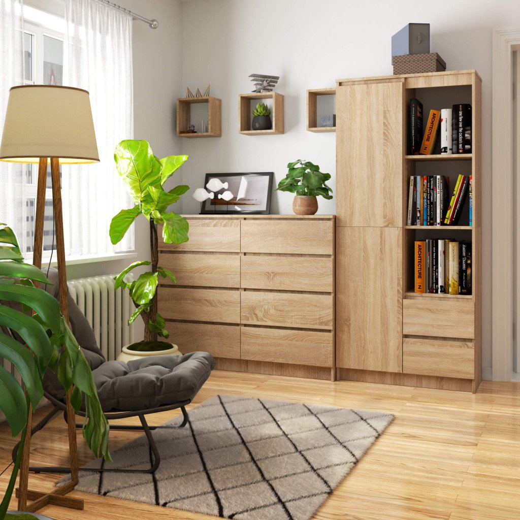 Dulap cu usa, 2 sertare si 7 rafturi, PAL laminat 16 mm, 80x35x180 cm, sonoma Household NewTrend