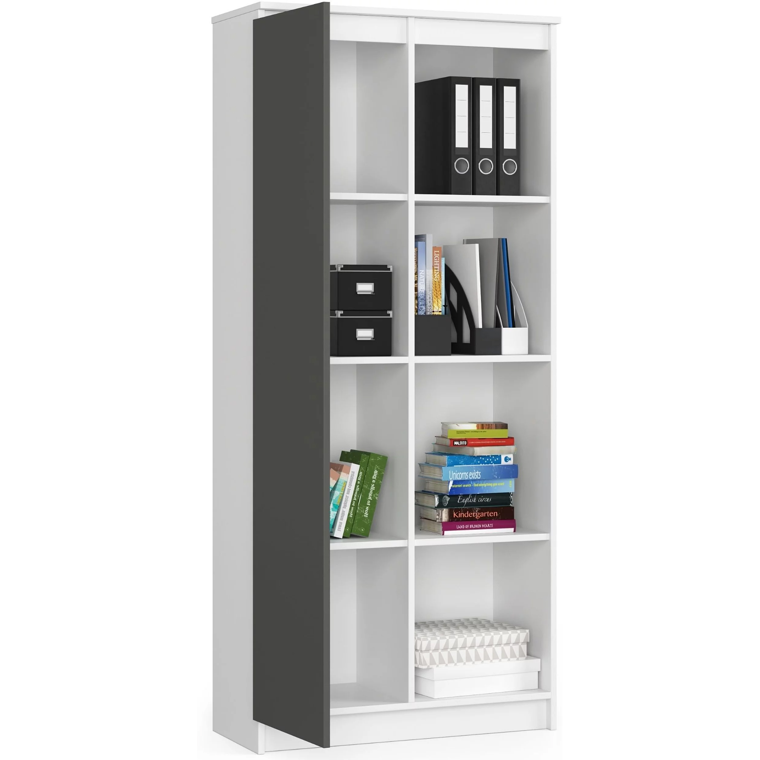 Dulap cu usa si 8 etajere, PAL laminat 16 mm, 80x35x180 cm, alb si gri Household NewTrend