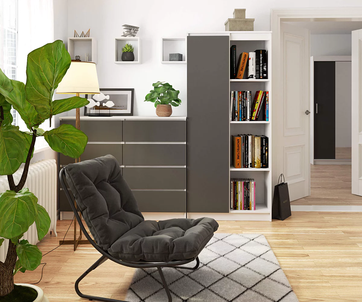 Dulap cu usa si 8 etajere, PAL laminat 16 mm, 80x35x180 cm, alb si gri Household NewTrend