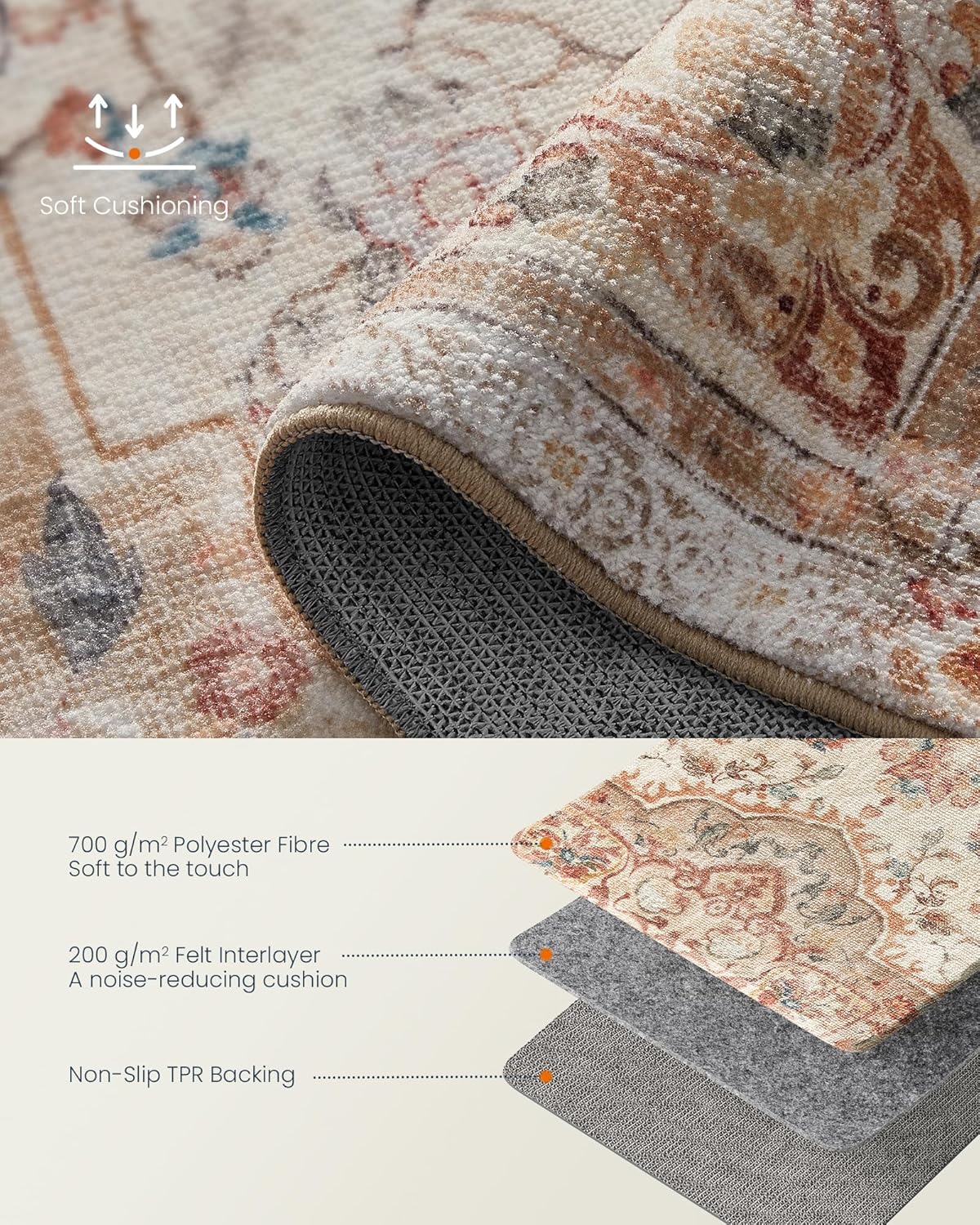 SONGMICS Covor decorativ antiderapant, stil vintage, lavabil la masina, 120×170 cm, bej cappuccino Household NewTrend