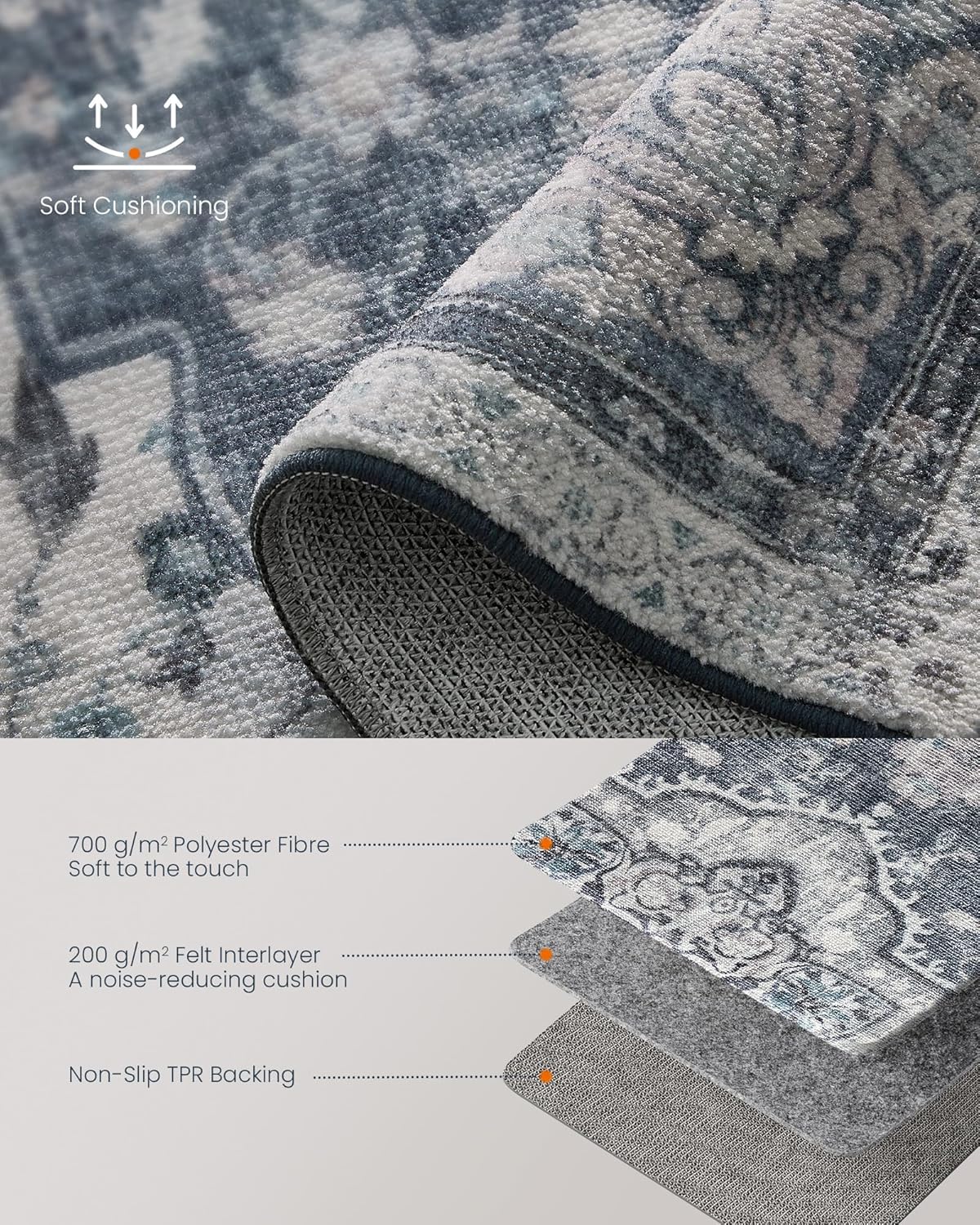 SONGMICS Covor decorativ antiderapant, stil vintage, lavabil la masina, 120×170 cm, gri Household NewTrend