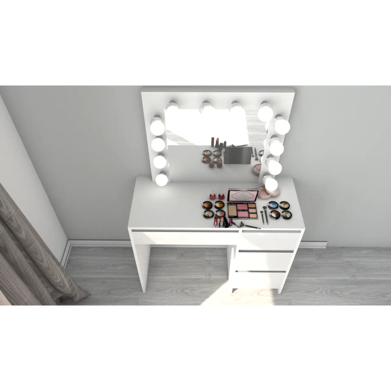 Masa de toaleta/machiaj, alb, sertare lucioase, cu oglinda si LED-uri, Irina, 94x43x141 cm GartenVIP DiyLine