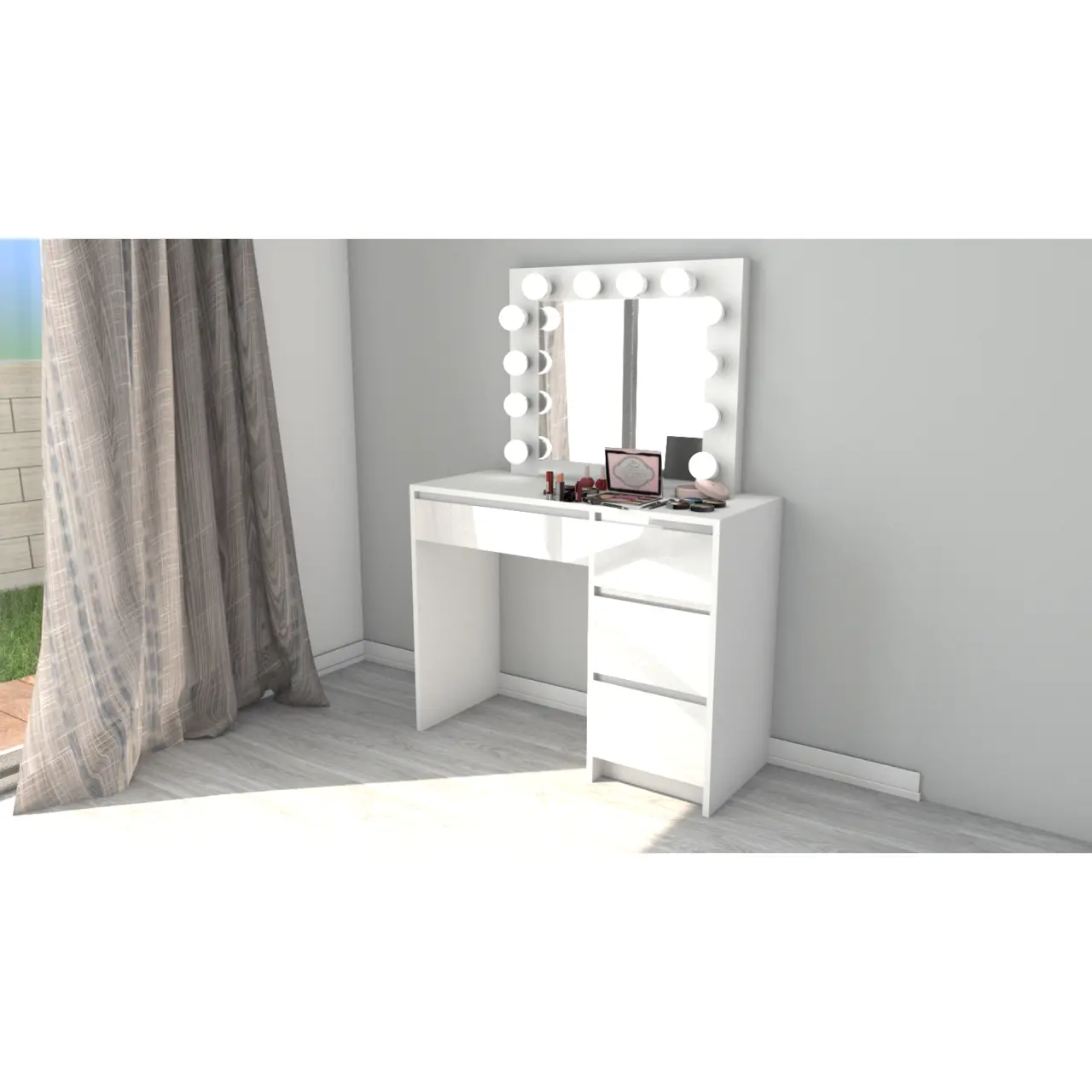 Masa de toaleta/machiaj, alb, sertare lucioase, cu oglinda si LED-uri, Irina, 94x43x141 cm GartenVIP DiyLine