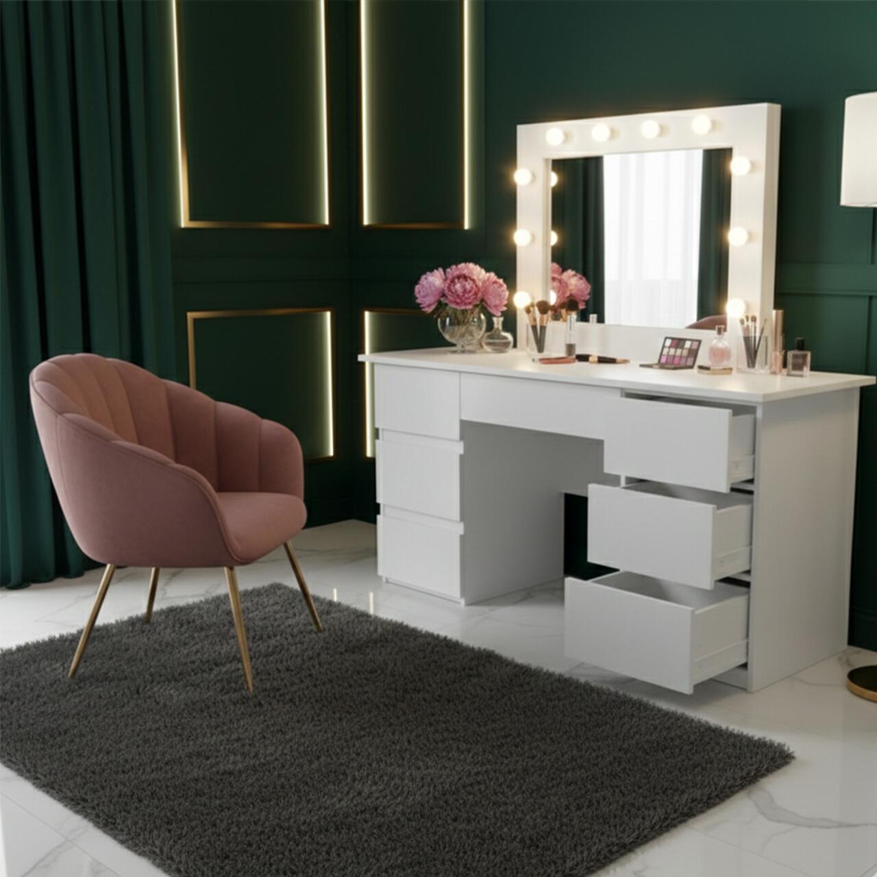 Masa de toaleta/machiaj, Vanessa + scaun Avola, alb, cu oglinda si LED-uri, 130x43x143 cm GartenVIP DiyLine