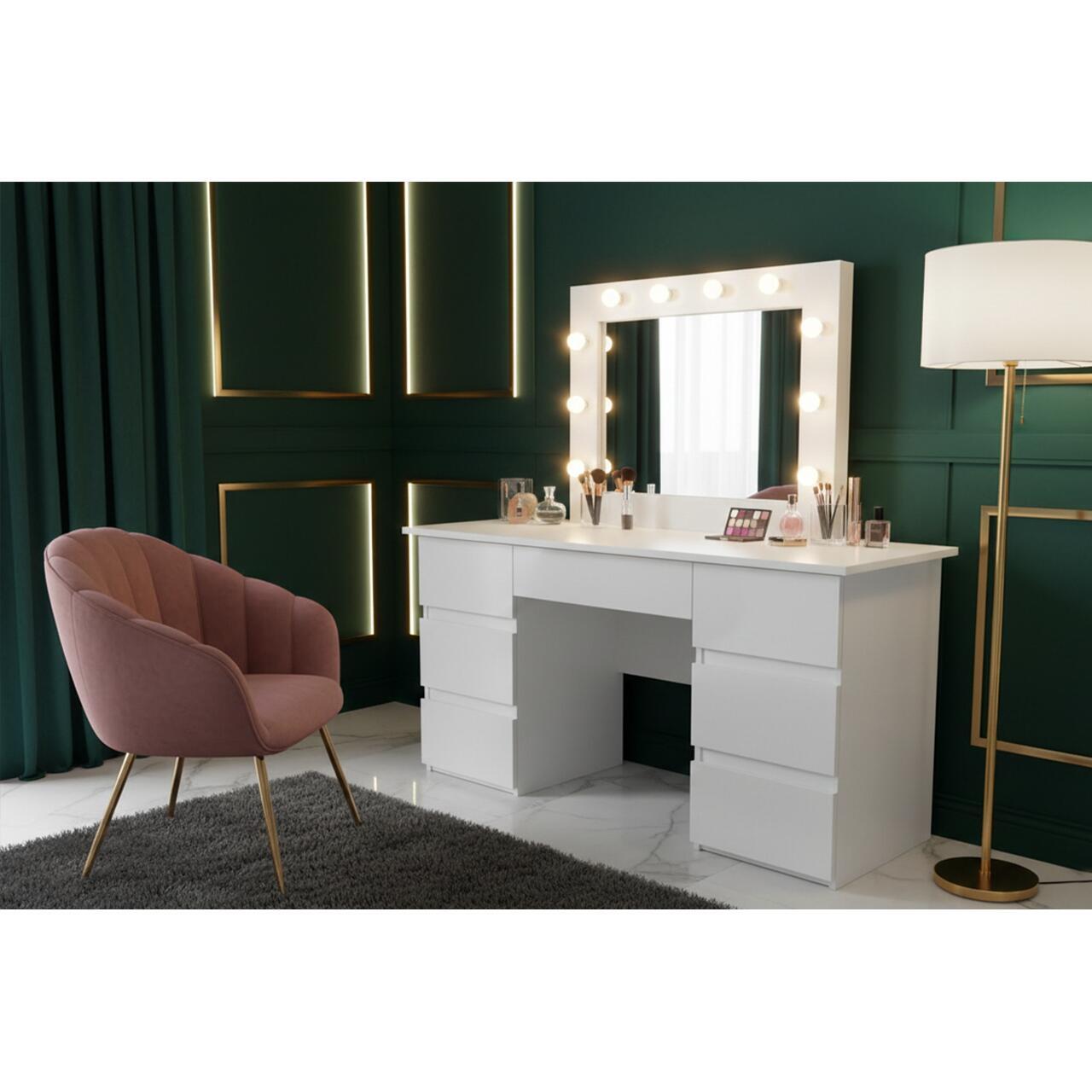 Masa de toaleta/machiaj, Vanessa + scaun Avola, alb, cu oglinda si LED-uri, 130x43x143 cm GartenVIP DiyLine