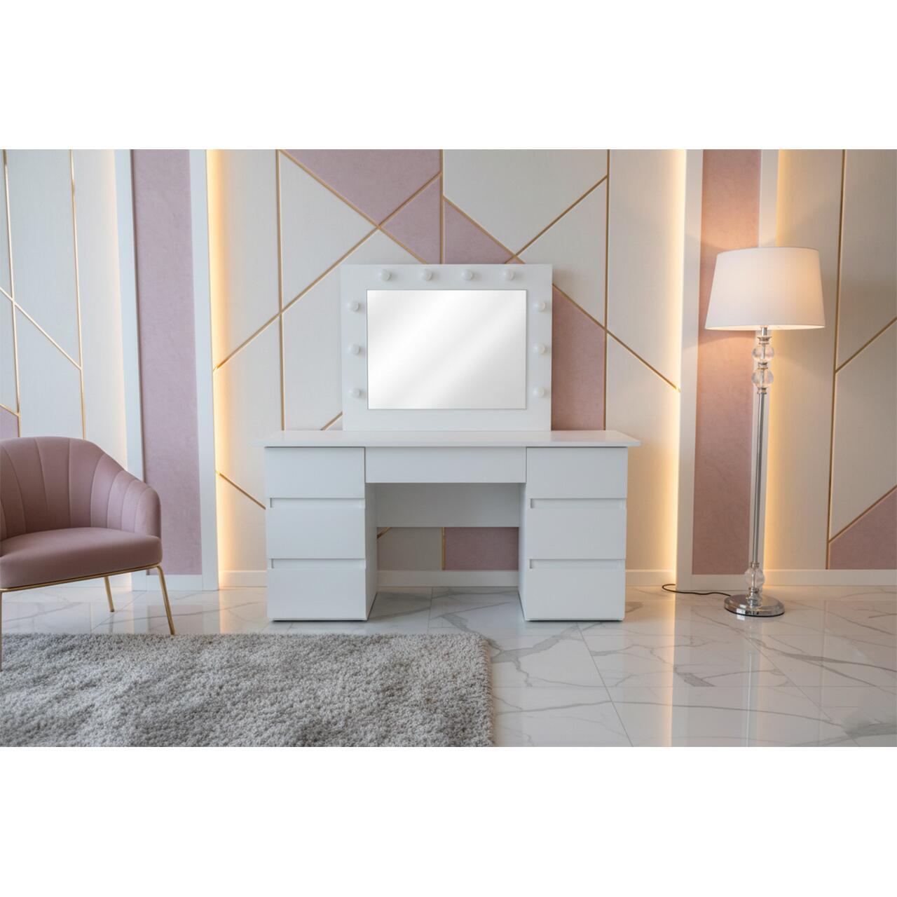 Masa de toaleta/machiaj, Vanessa + scaun Avola, alb, cu oglinda si LED-uri, 130x43x143 cm GartenVIP DiyLine