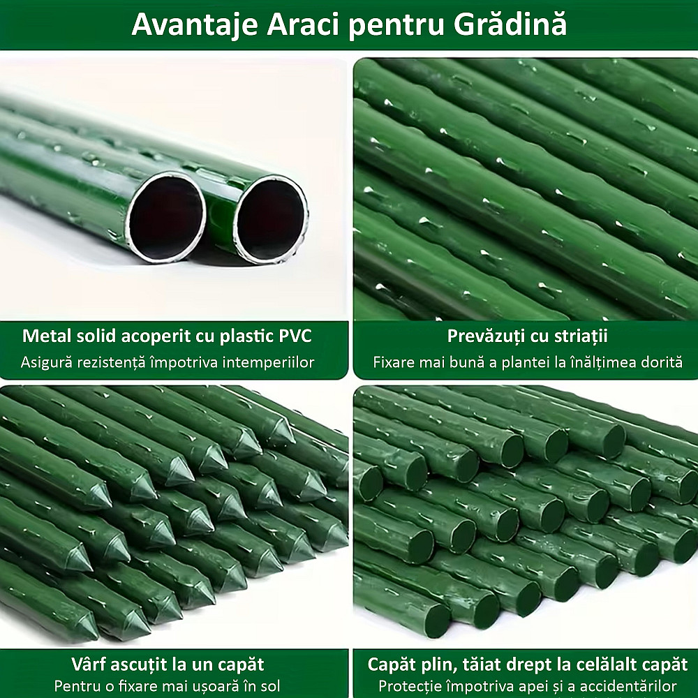 Set 25 araci pentru grădină 150 cm, Ø 1,6 cm – roșii, fasole, plante cățărătoare, metal + PVC verde