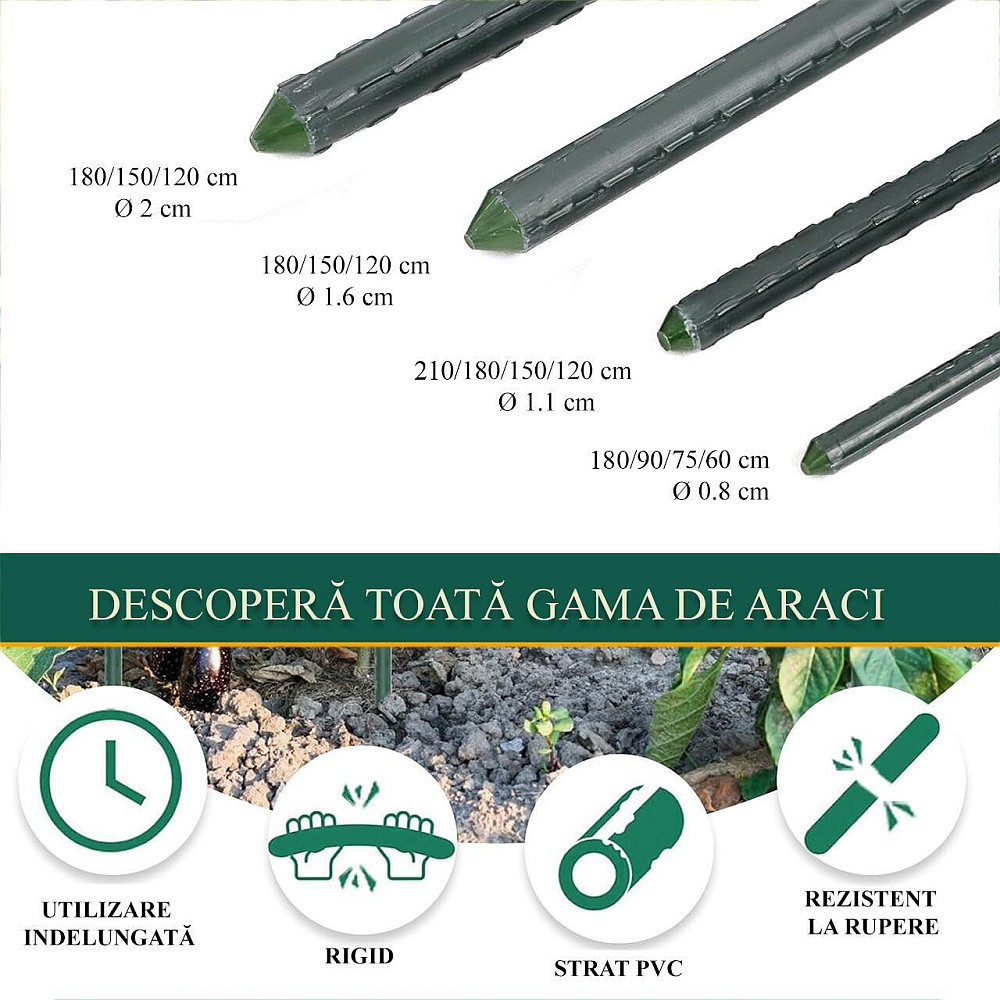 Set 25 araci pentru grădină 150 cm, Ø 1,6 cm – roșii, fasole, plante cățărătoare, metal + PVC verde