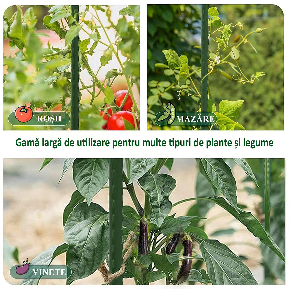 Set 25 araci pentru grădină 150 cm, Ø 1,6 cm – roșii, fasole, plante cățărătoare, metal + PVC verde