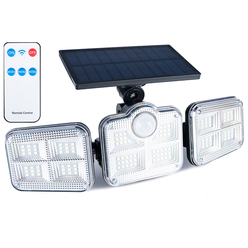 Proiector LED solar modular cu 3 lampi, senzor de miscare, 122LED-uri, cu telecomanda Household NewTrend