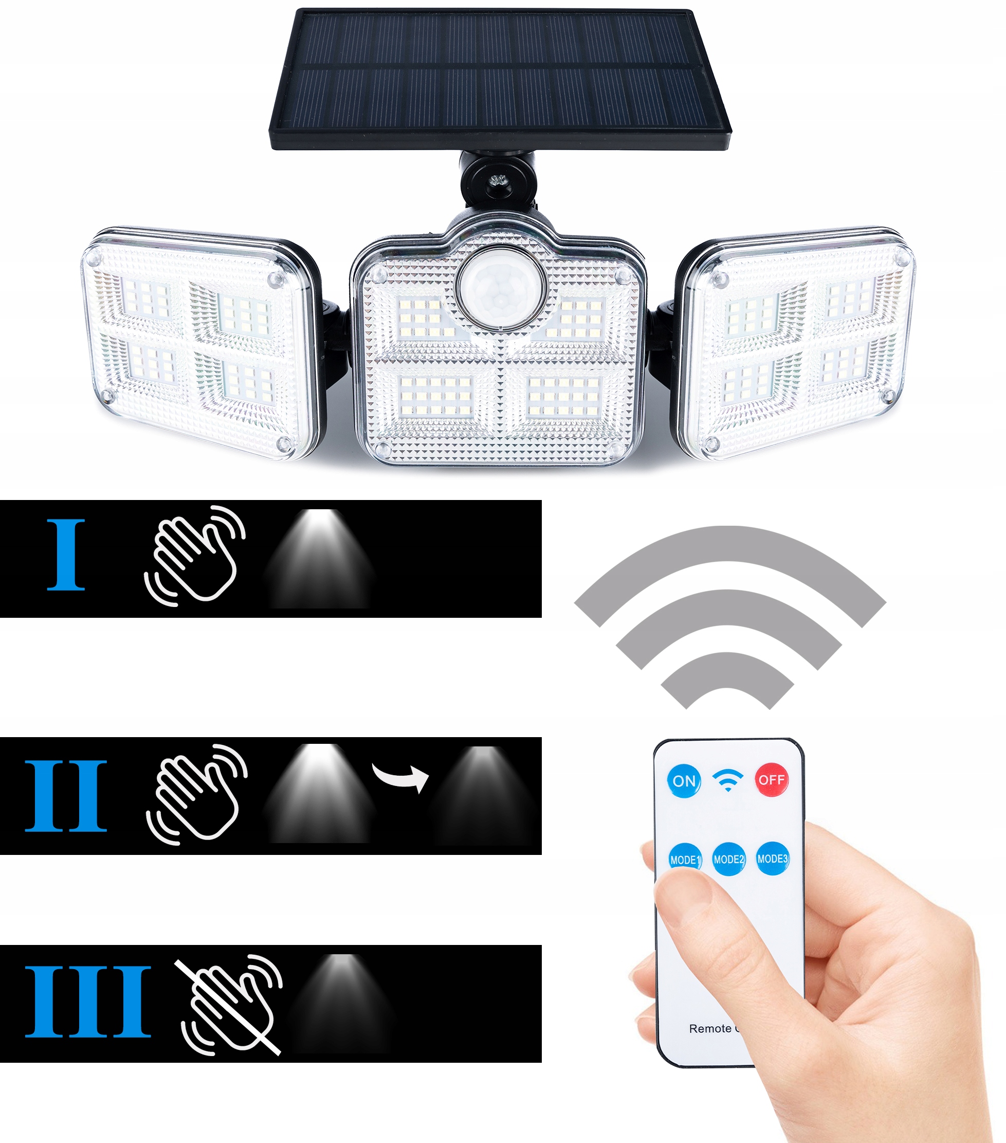 Proiector LED solar modular cu 3 lampi, senzor de miscare, 122LED-uri, cu telecomanda Household NewTrend