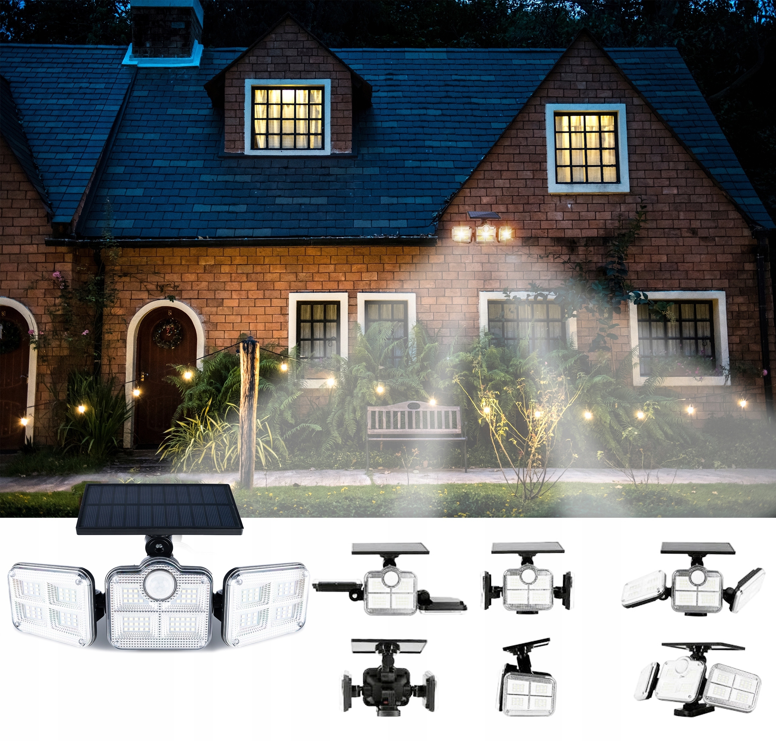 Proiector LED solar modular cu 3 lampi, senzor de miscare, 122LED-uri, cu telecomanda Household NewTrend