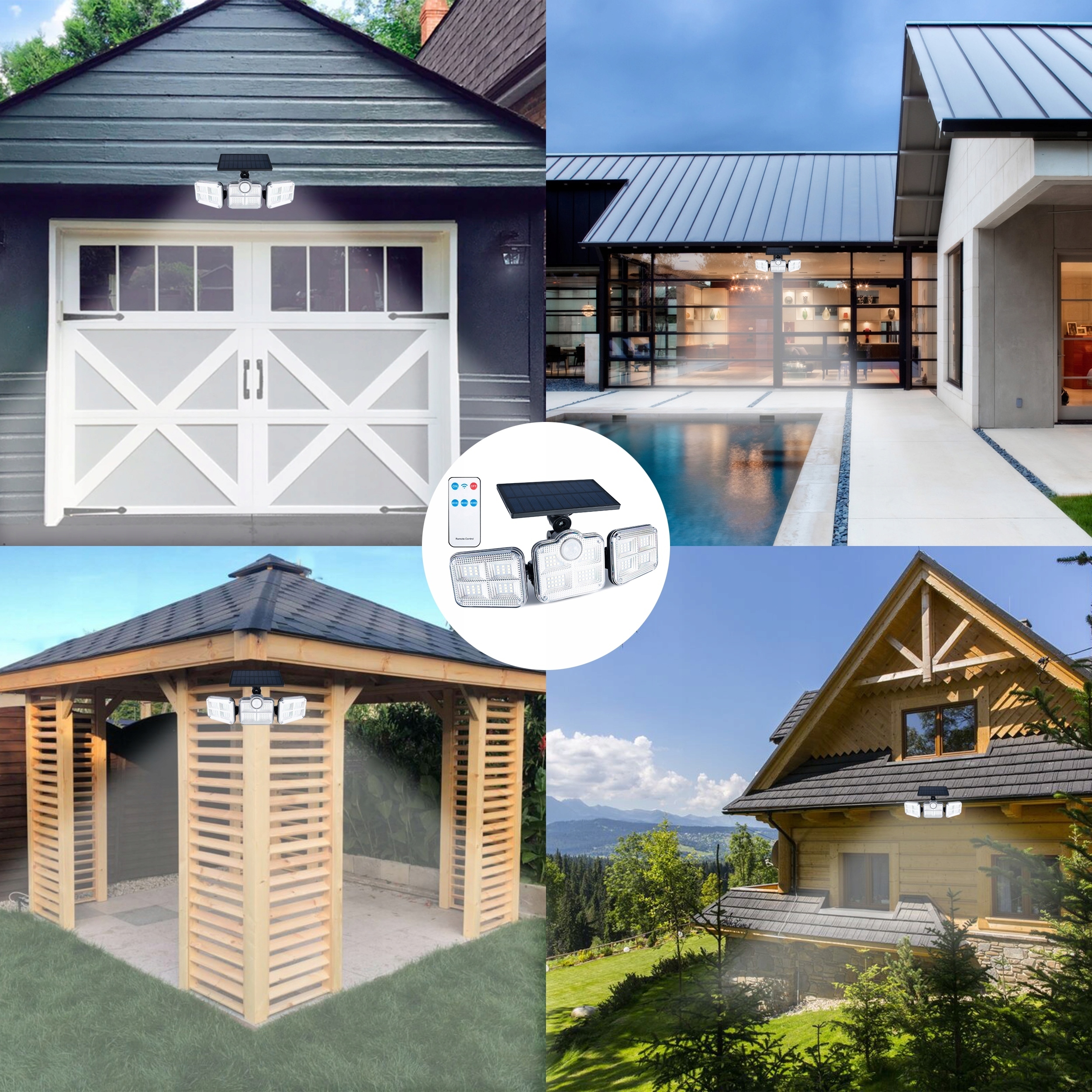 Proiector LED solar modular cu 3 lampi, senzor de miscare, 122LED-uri, cu telecomanda Household NewTrend