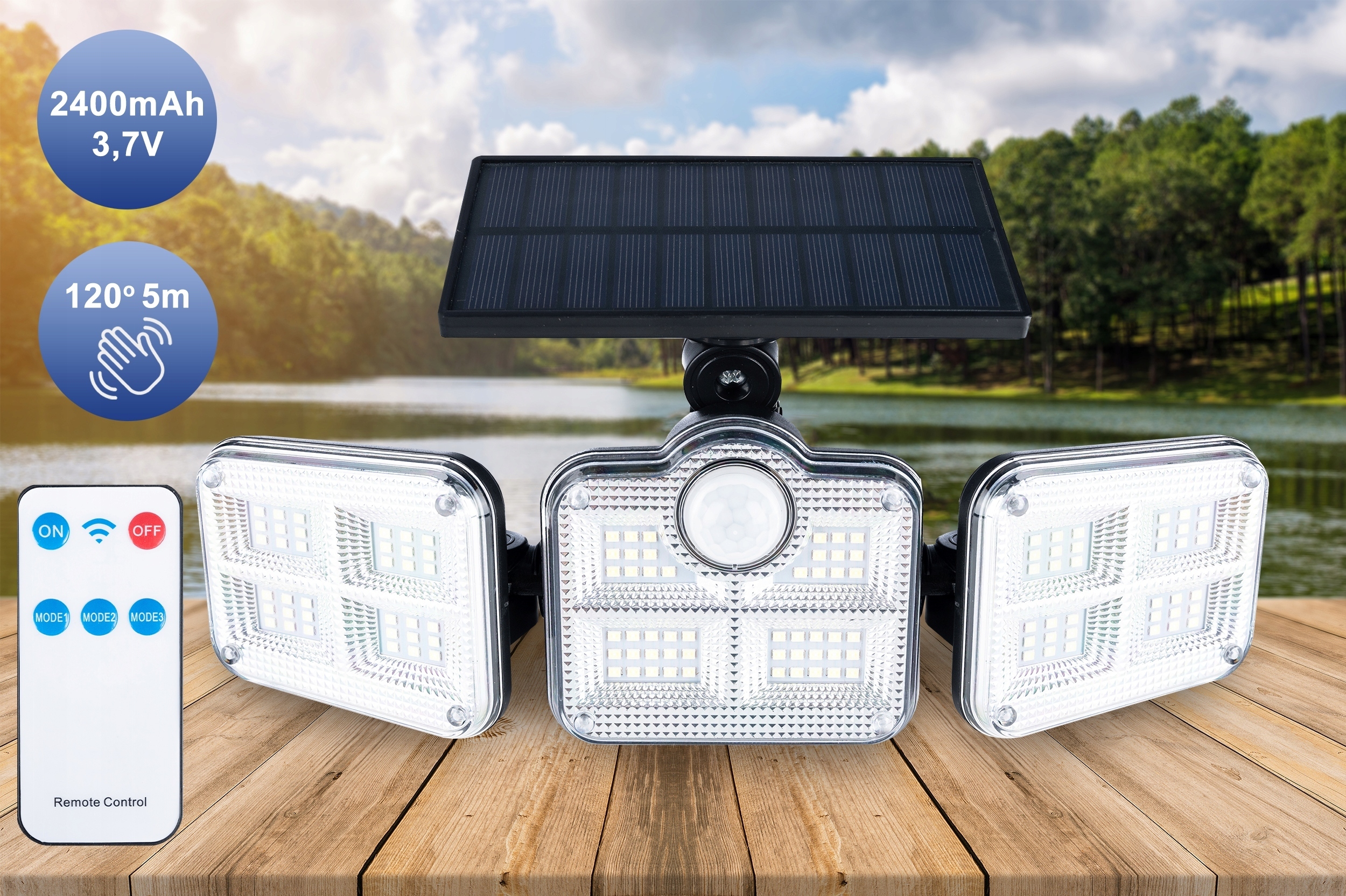 Proiector LED solar modular cu 3 lampi, senzor de miscare, 122LED-uri, cu telecomanda Household NewTrend