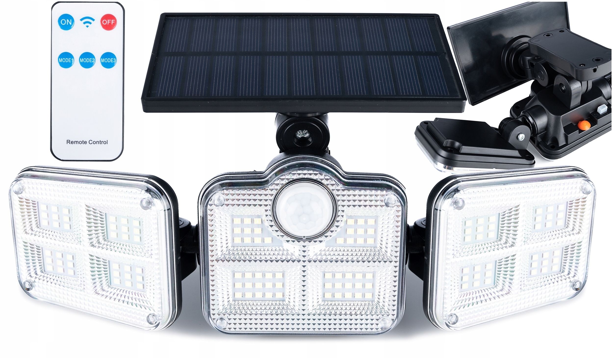 Proiector LED solar modular cu 3 lampi, senzor de miscare, 122LED-uri, cu telecomanda Household NewTrend