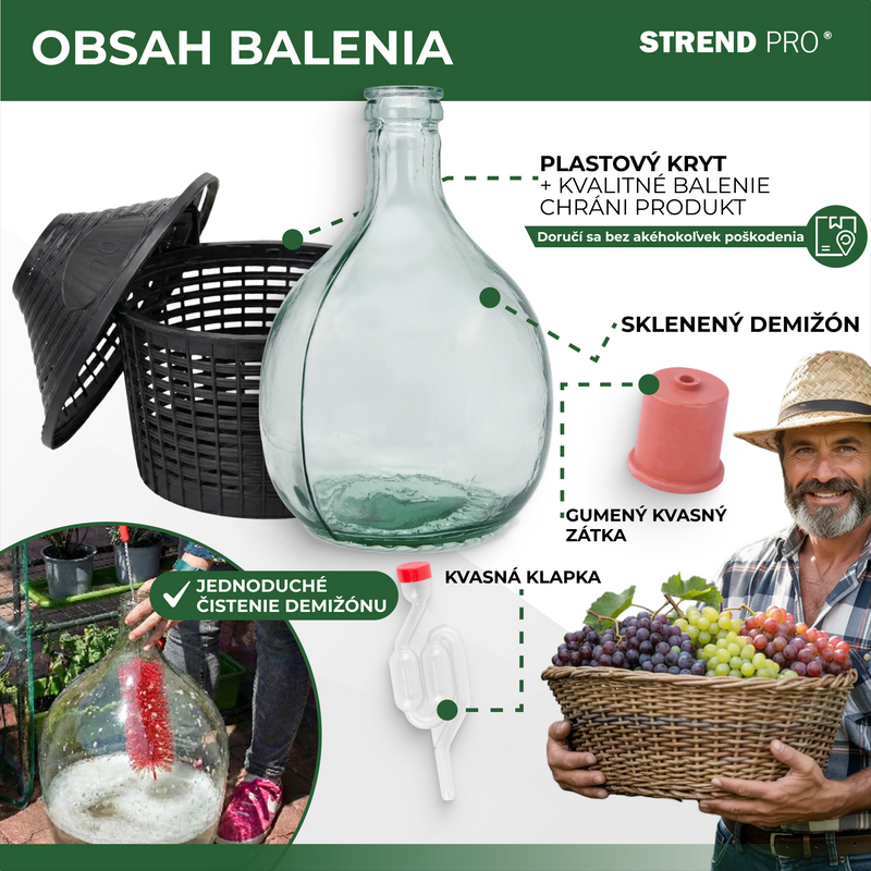 Damigeană din sticlă 10L pentru vin și țuică Strend Pro, cu husă de protecție din plastic și dop