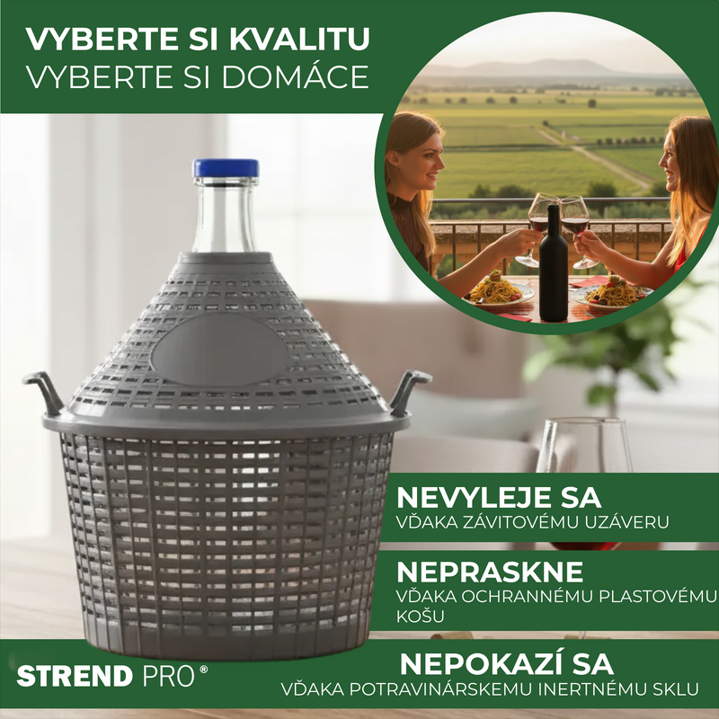 Damigeană din sticlă 10L pentru vin și țuică Strend Pro, cu husă de protecție din plastic și dop