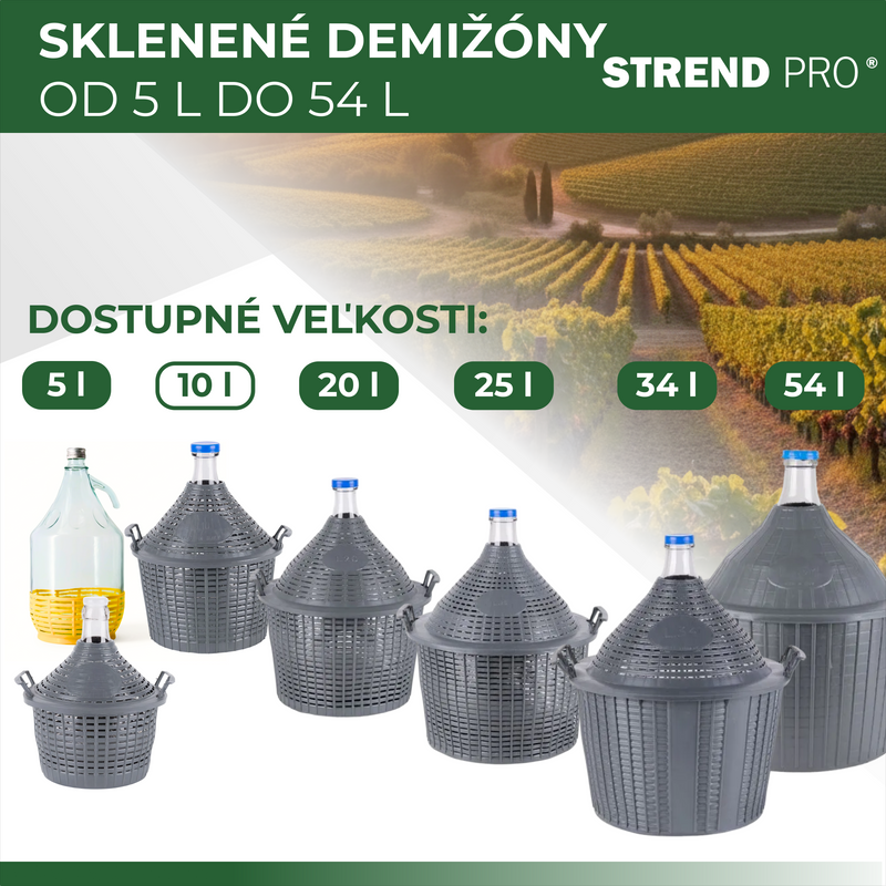 Damigeană din sticlă 10L pentru vin și țuică Strend Pro, cu husă de protecție din plastic și dop