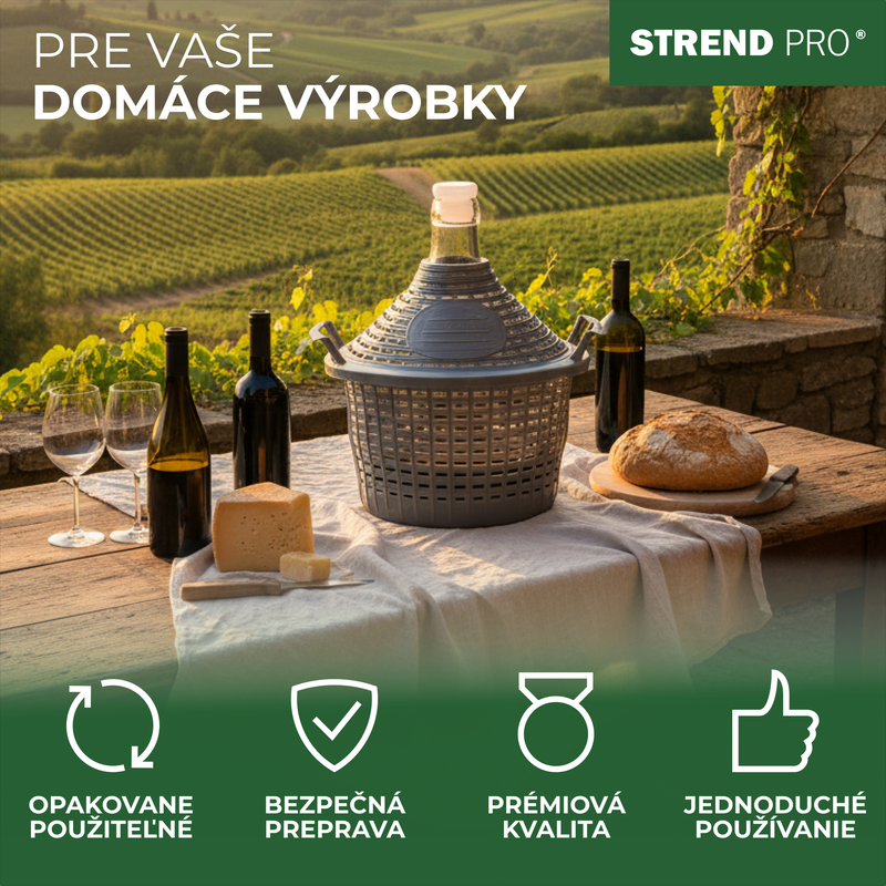Damigeană din sticlă 10L pentru vin și țuică Strend Pro, cu husă de protecție din plastic și dop