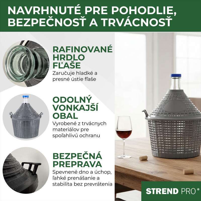 Damigeană din sticlă 10L pentru vin și țuică Strend Pro, cu husă de protecție din plastic și dop