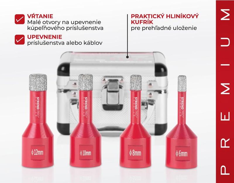 Set carote diamantate Strend Pro Premium DCB11S2, 6-8-10-12 mm, M14, profesionale