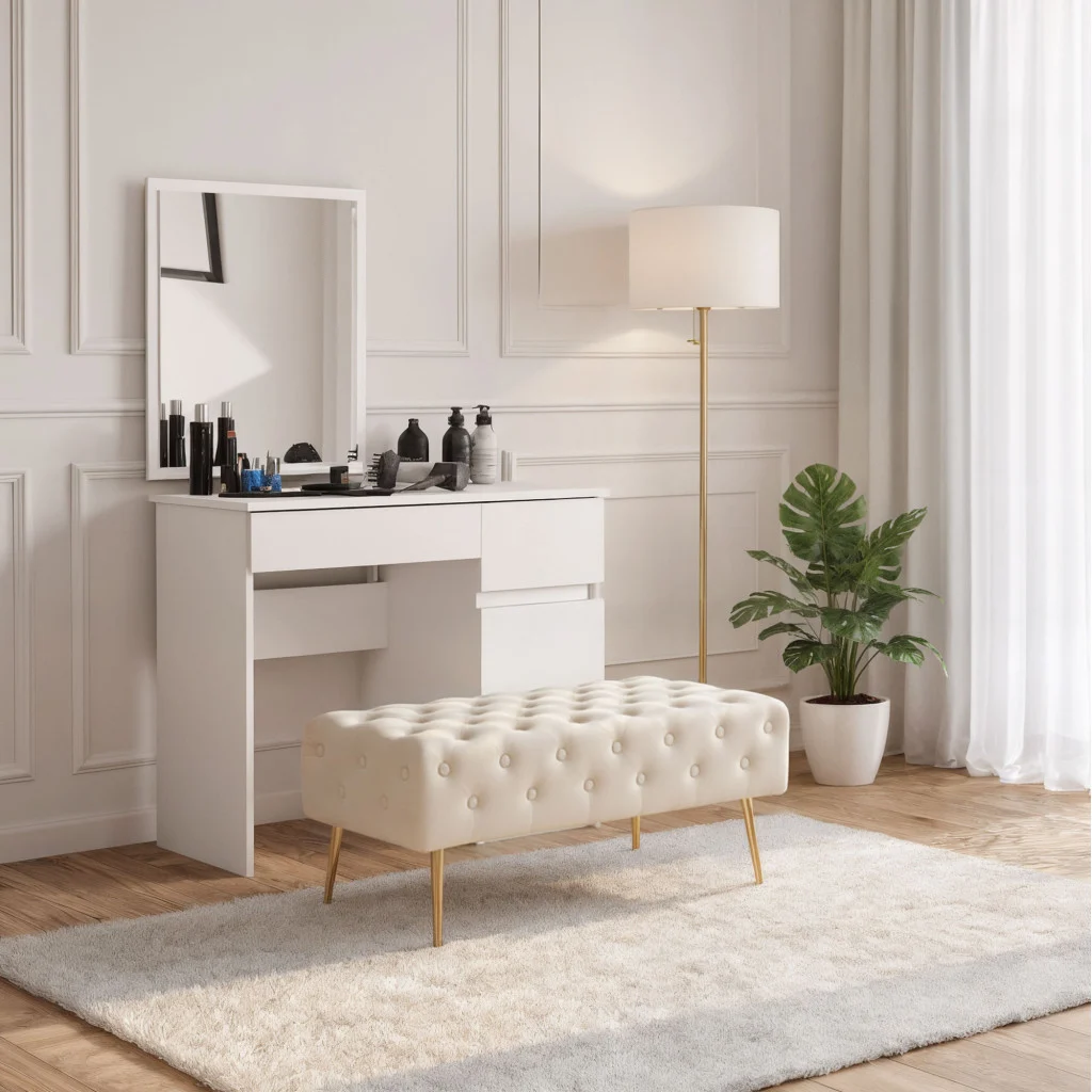 Taburet Monaco, tapitat cu catifea, tip banca, cu picioare metalice, 100x42x41 cm, bej Household NewTrend