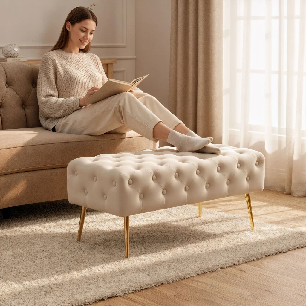 Taburet Monaco, tapitat cu catifea, tip banca, cu picioare metalice, 100x42x41 cm, bej Household NewTrend