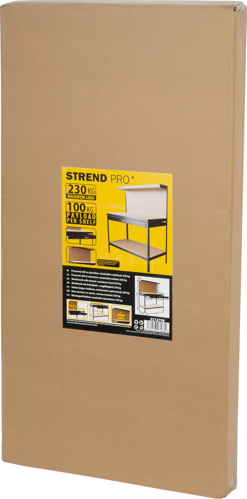 Masă de lucru atelier Racks DWB60, cu sertar, poliță și panou perforat, 120x60x150 cm, max. 230 kg