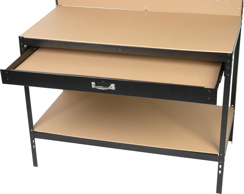 Masă de lucru atelier Racks DWB60, cu sertar, poliță și panou perforat, 120x60x150 cm, max. 230 kg