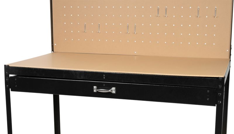 Masă de lucru atelier Racks DWB60, cu sertar, poliță și panou perforat, 120x60x150 cm, max. 230 kg