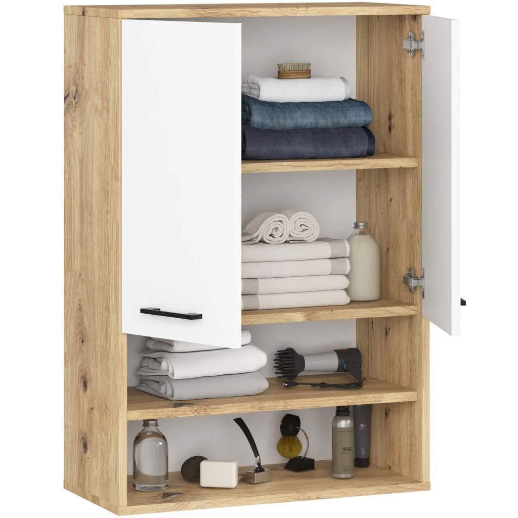 Dulap baie suspendat, cu 2 usi si 2 rafturi deschise, PAL 16 mm, 64x30x94 cm, stejar artisan si alb Household NewTrend