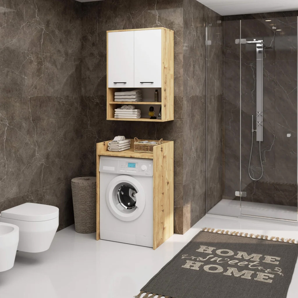 Dulap baie suspendat, cu 2 usi si 2 rafturi deschise, PAL 16 mm, 64x30x94 cm, stejar artisan si alb Household NewTrend