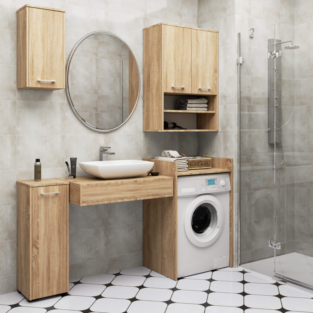 Dulap baie suspendat, cu 2 usi si 2 rafturi deschise, PAL 16 mm, 64x30x94 cm, stejar sonoma Household NewTrend