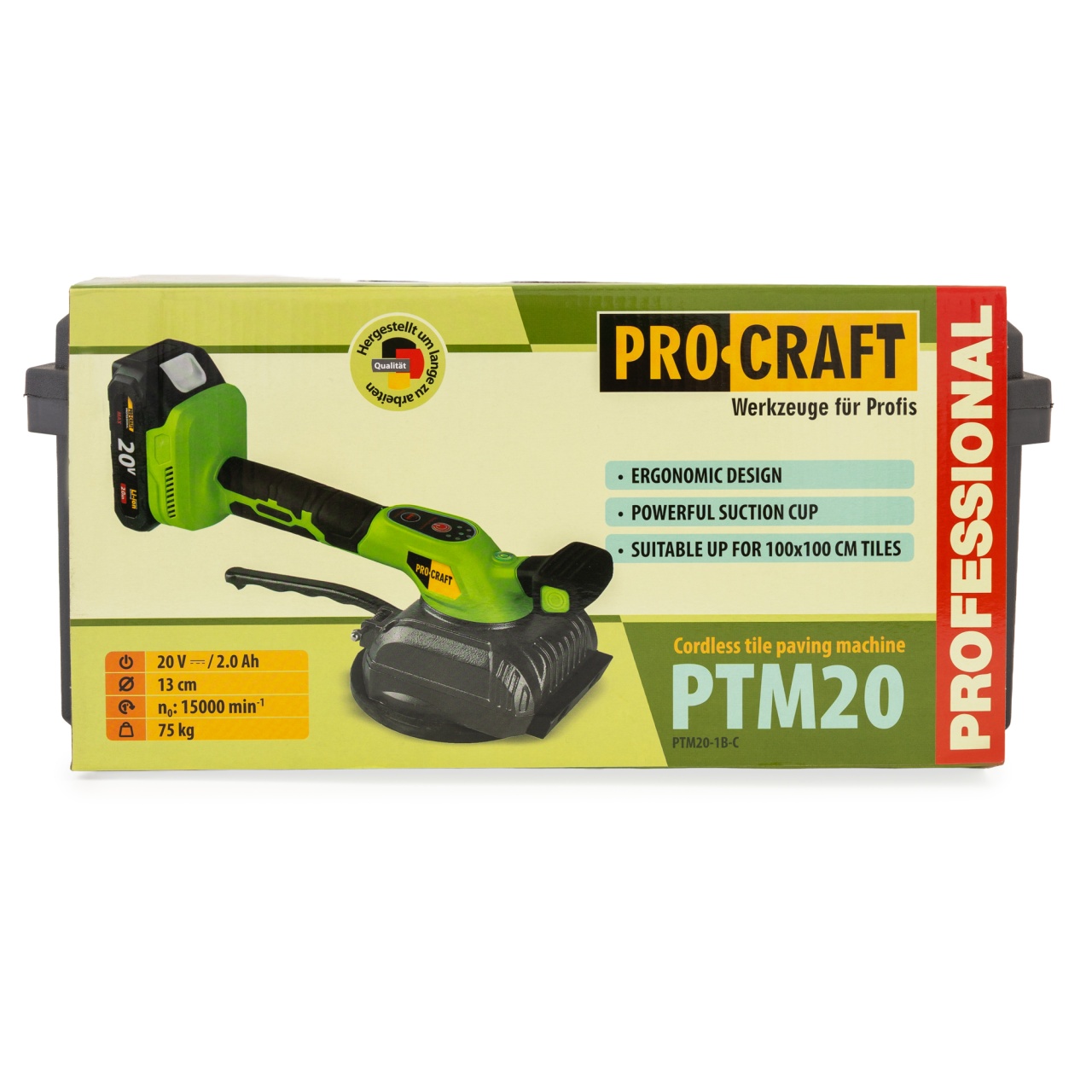 Ventuză electrică pentru gresie și faianță cu vibrații PROCRAFT PTM20, acumulator 20V 2Ah, 75 kg, 15.000 vib/min