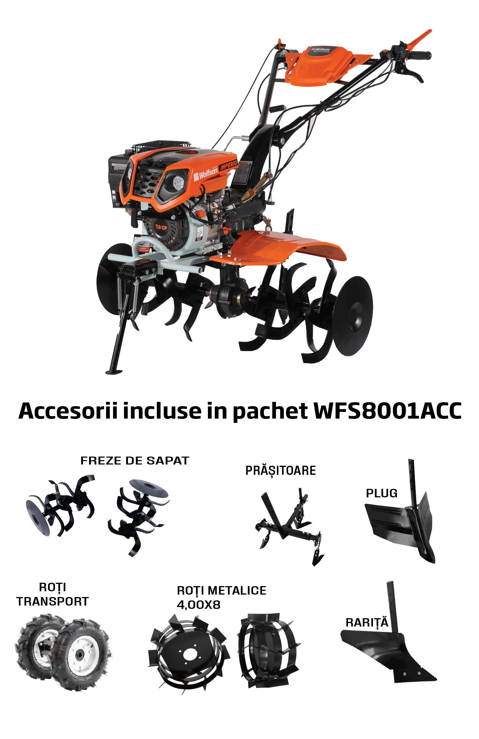 Motocultor pe benzină Wolfson Imperio 8001, 8 CP, cu far și accesorii (plug, răriță, prasitoare, roți transport 6.50x8, roți metalice)