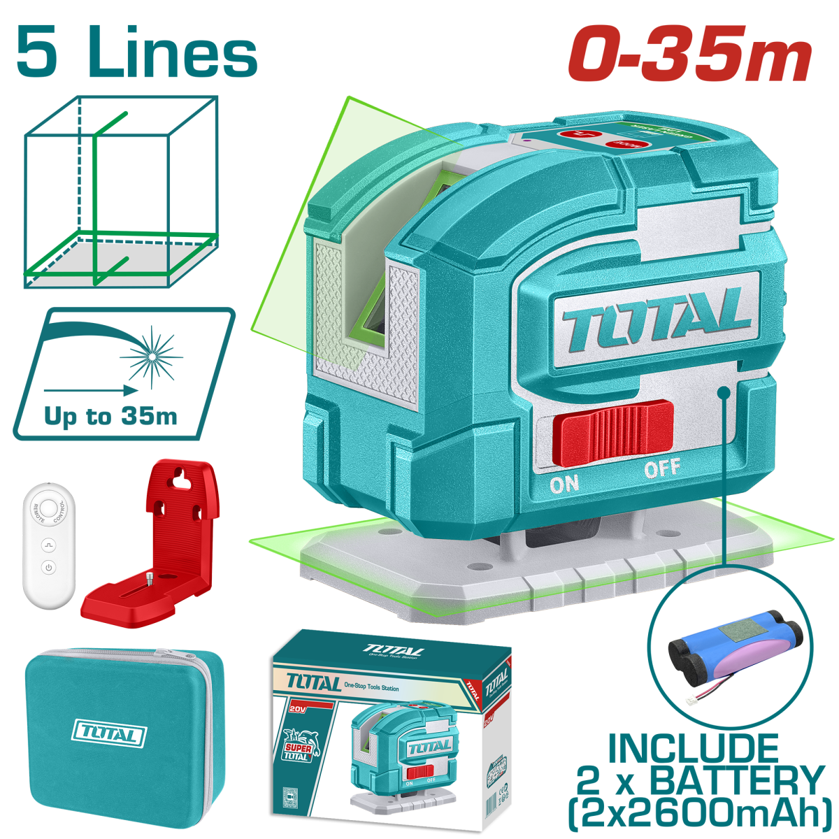 Nivela laser verde TOTAL 0-35 m, autonivelanta, 360° + verticala, USB-C (cu telecomanda)
