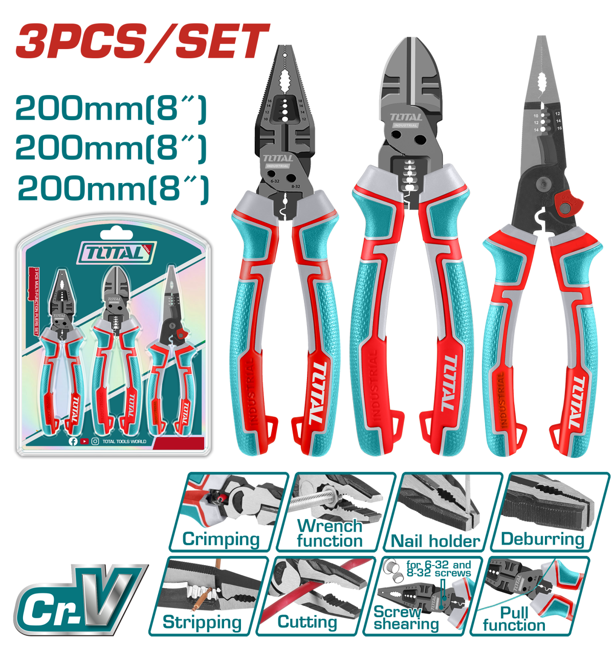 Set 3 clești multifuncționali TOTAL 200 mm (8