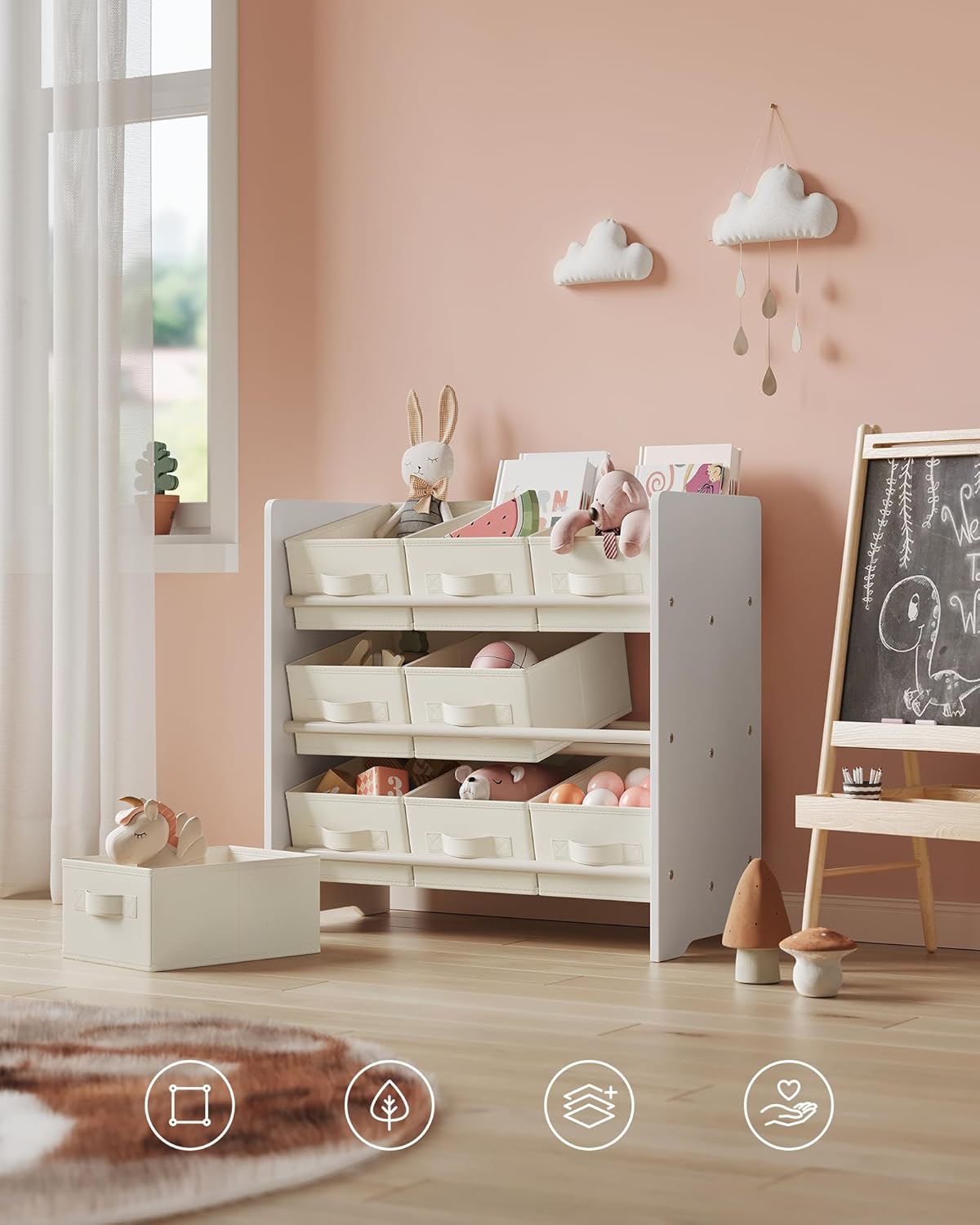 SONGMICS Raft jucarii si carti 63x30x60 cm, cu 9 cutii textile detasabile, MDF, alb Household NewTrend