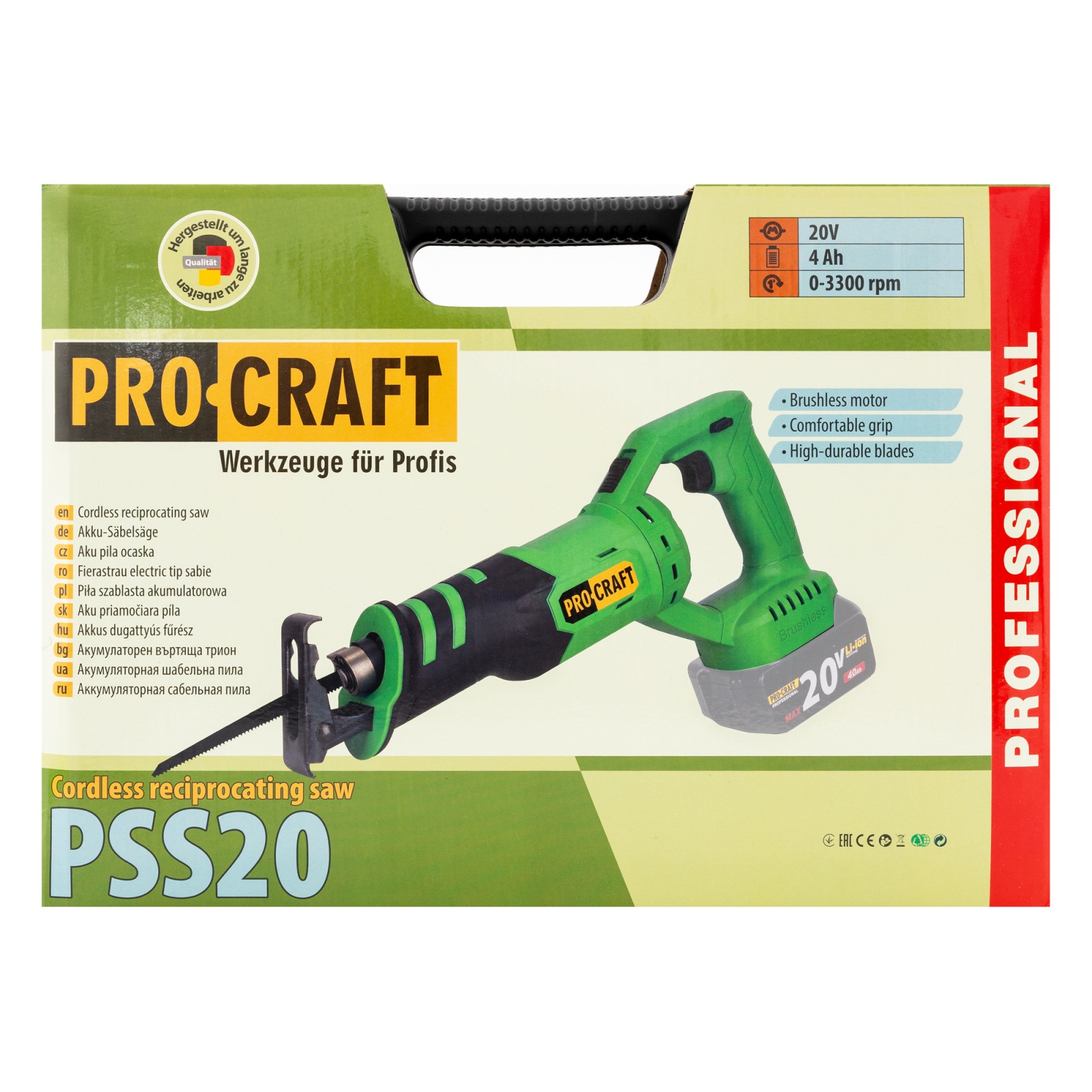 Fierăstrău sabie (reciproc) cu acumulator ProCraft PSS20 20V, 3300 spm, cursă 150 mm – fără baterie/încărcător