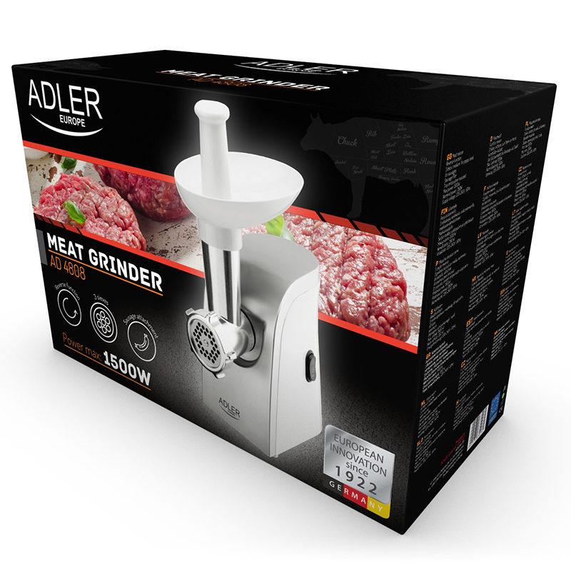 Mașină de tocat carne Adler AD 4808, 1500W, 3 site (3/5/7 mm) și accesoriu pentru cârnați