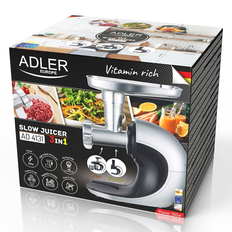 Storcător lent 3 în 1 Adler AD 4131 – Slow Juicer + Mașină de tocat carne + Răzătoare legume