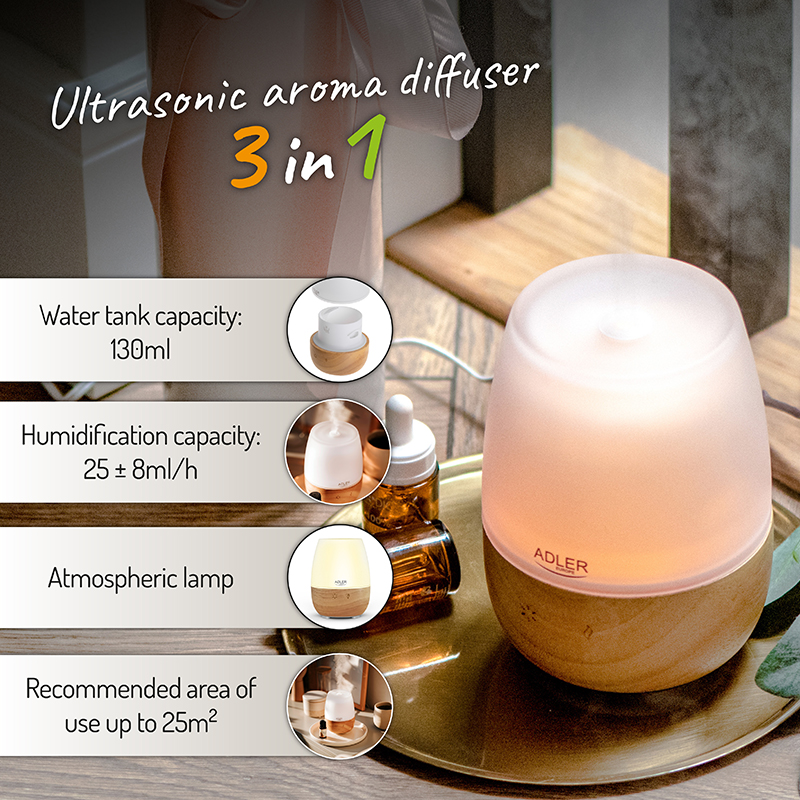 Difuzor de arome ultrasonic 3 in 1 Adler AD 7967 (umidificator + lampa LED)