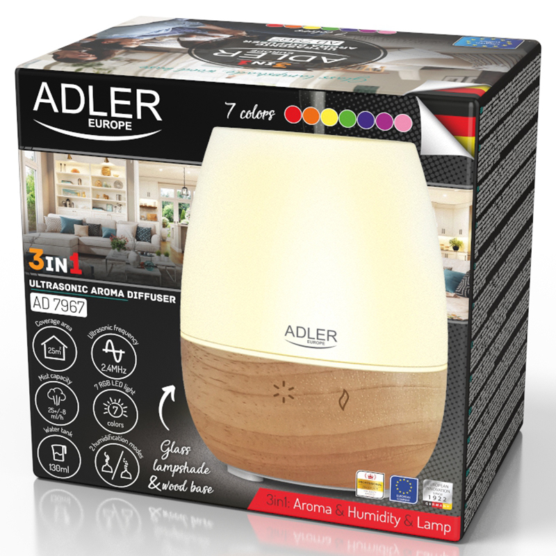 Difuzor de arome ultrasonic 3 in 1 Adler AD 7967 (umidificator + lampa LED)